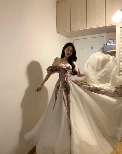 Pretty Off The Shoulder Chiffon Printed Floral A Line Long Party Dress Evening Gown D842