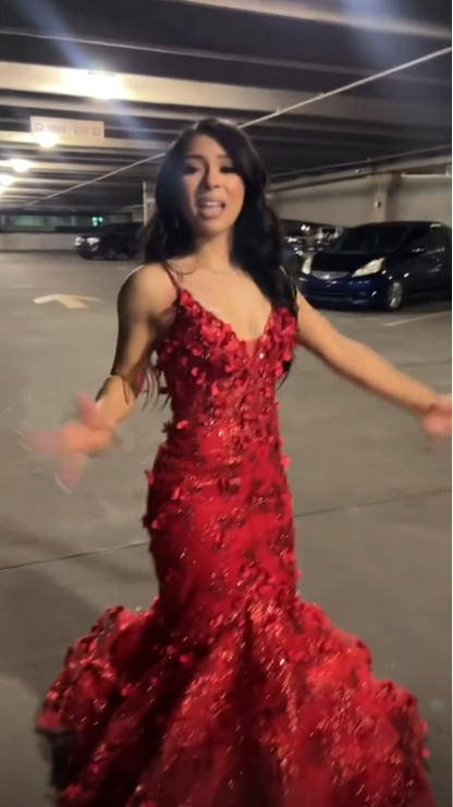 Sexy Spaghetti Straps Tulle Sequin Mermaid Evening Dress Red Long Party Dress D4982