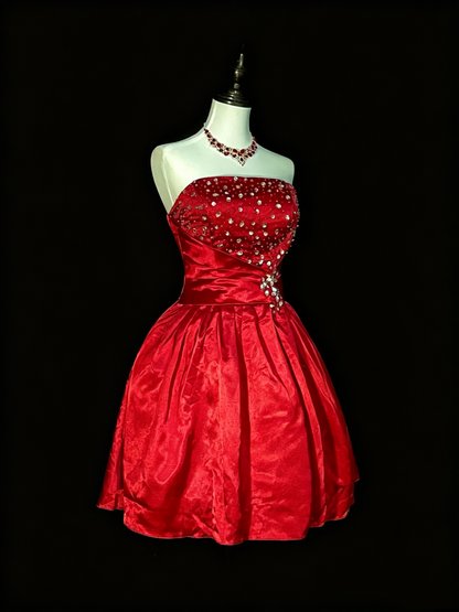 Pretty Strapless Satin Beaded A Line Mini Birthday Prom Dress,Red Short Graduation Homecoming Dress D4077