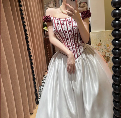 Unique Off The Shoulder Ball Gown White Satin Embroidery Flowers Long Birthday Party Dress Prom Gown D2037