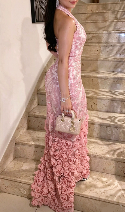 Pretty Halter V Neck Satin Sequin 3D Floral Pink Mermaid Long Party Dress Evening Gowns D5133