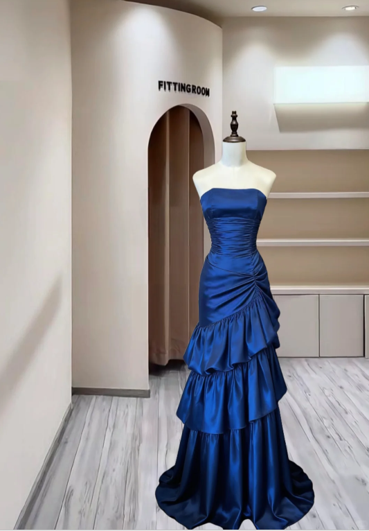 Stylish Strapless Navy Blue Satin Layered Long Party Dress Formal Birthday Prom Dresses D2392