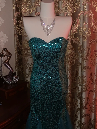 Vintage Strapless Green Tulle Sequin Mermaid Evening Dress Long Wedding Guest Dress Party Gown D1753