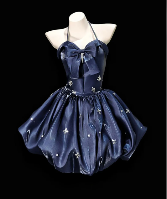 Cute Halter Navy Blue Satin A Line Short Homecoming Dress Formal Birthday Outfits With Bow D2331