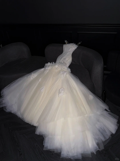 Classy Strapless White Tulle Pleated Floral Mermaid Long Wedding Dress D3081