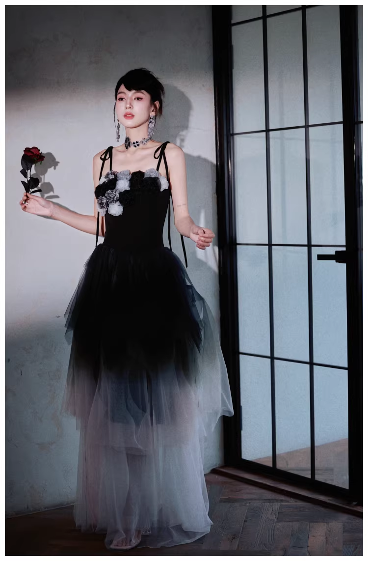 Elegant Spaghetti Straps Ombre Black Tulle Layered A Line Long Party Dress Evening Dress D2416