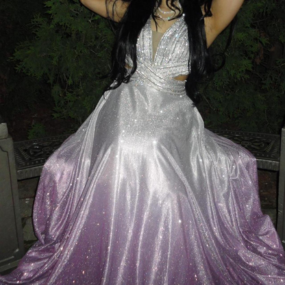 Shiny Ombre Purple Satin Beaded Sequin Long Party Dress Formal Wedding Guest Dress Birthday Outfits D1577