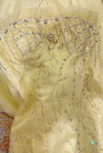 Sweet Strapless Yellow Tulle Satin Beaded Mermaid Long Prom Dress Birthday Party Gown D2137