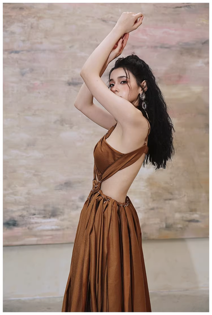 Sexy Halter Caramel Backless Satin Long party Dress Evening Gown D2419