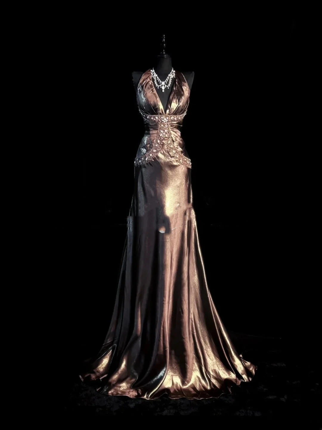 Vintage Brown Mermaid Halter Satin With Beaded Gem Long Prom Dresses Party Dress D4429