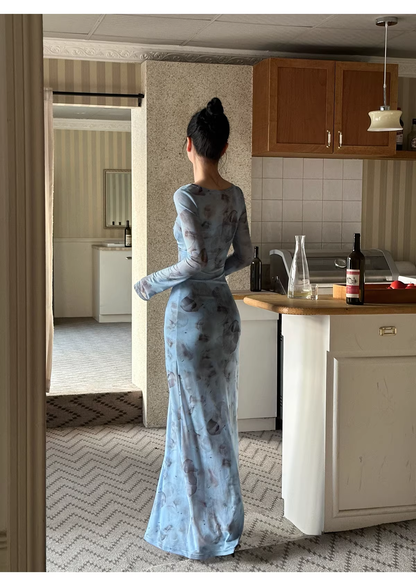 Charming V Neck Blue Lace Sheath Long Evening Dress Formal Wedding Guest Dress D2081