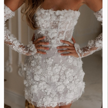 Classy White Strapless Tulle Sequin Appliques Sheath Short Wedding Dress Bridal Dress D429