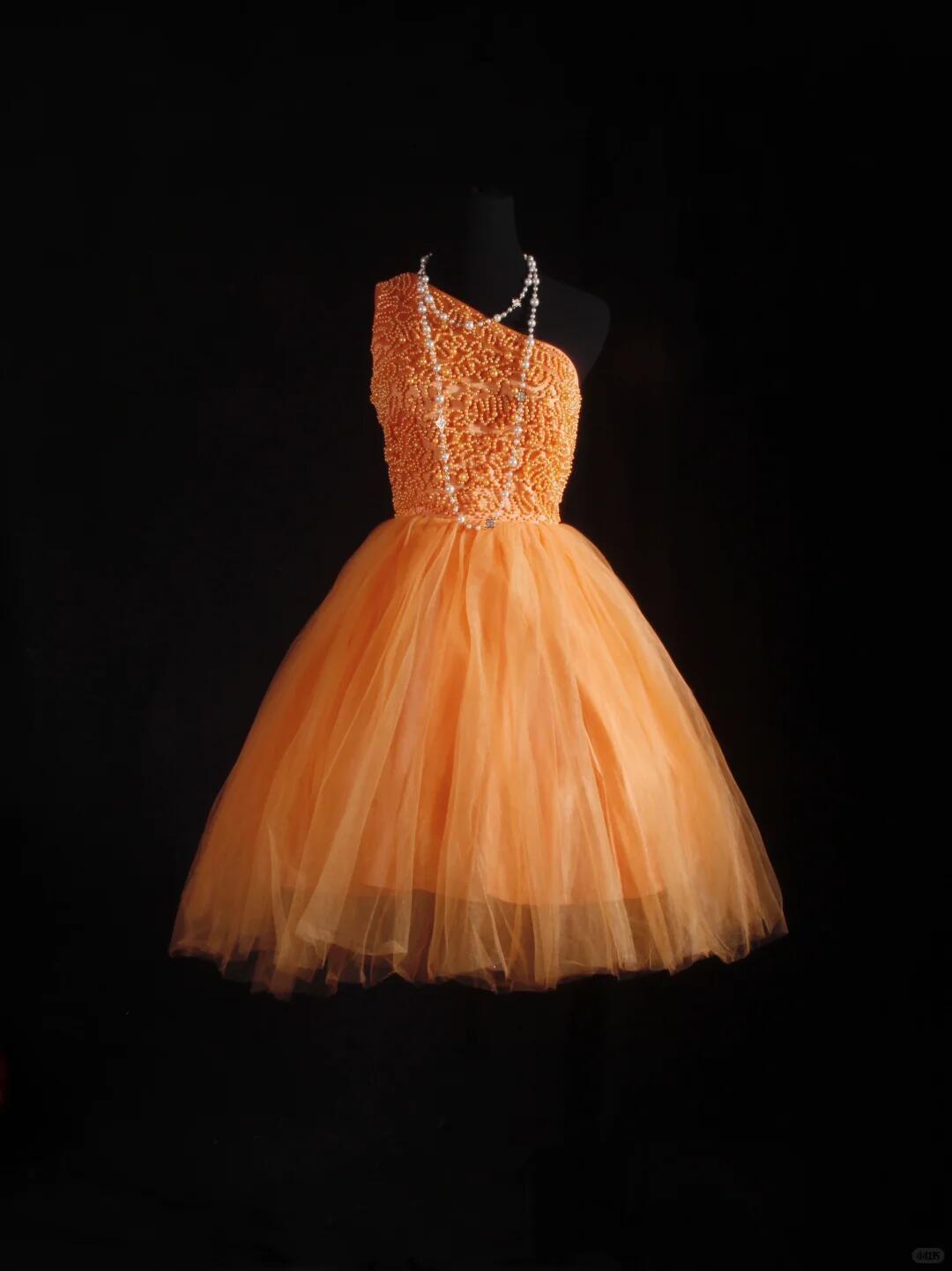 Chic One Shoulder Tulle Beaded A Line Short 7th Grade Homecoming Dress,Orange Short 17th Birthday Outfits D3325