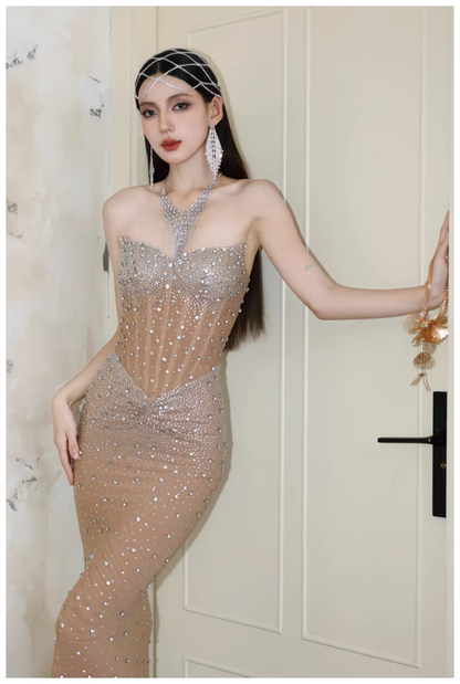 Sexy Strapless Chiffon Beaded Mermaid Long Evening Dress Party Gown D2425