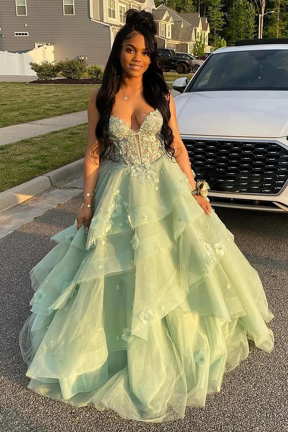 Charming Light Green Tulle Appliques Long Evening Dress Birthday Party Dress D1190