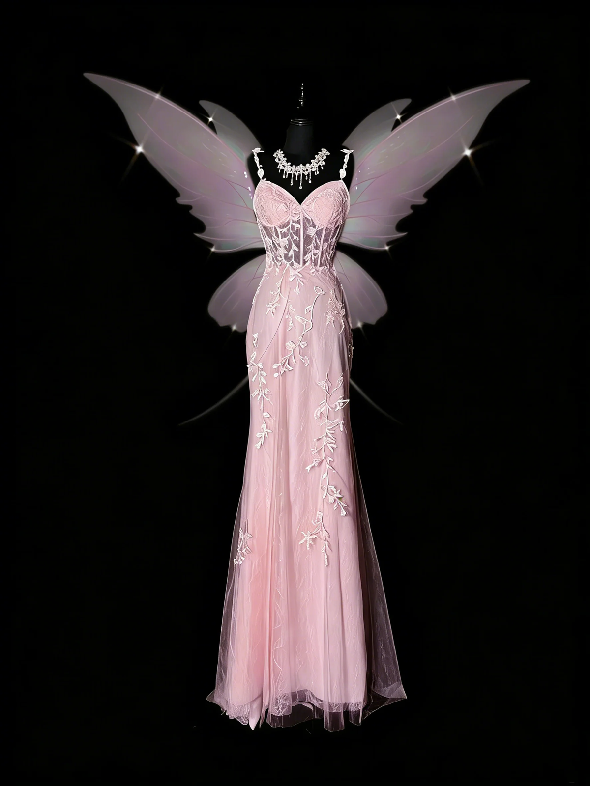 Pretty Spaghetti Straps Tulle Lace Applique Long Prom Dress Pink Mermaid Evening Dress D4885