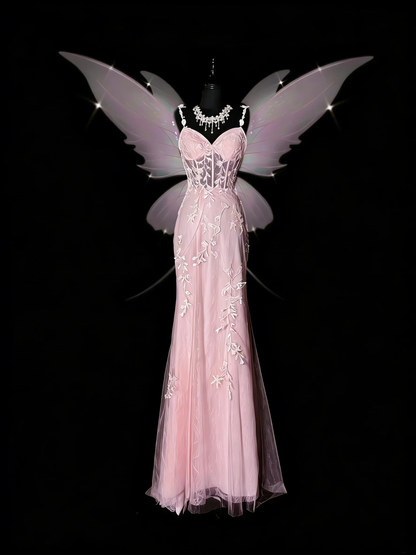 Pretty Spaghetti Straps Tulle Lace Applique Long Prom Dress Pink Mermaid Evening Dress D4885