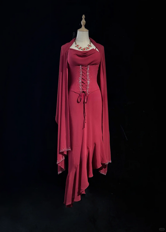 Elegant Burgundy Spaghetti Straps Chiffon Beaded Mermaid Long Party Dress,Formal Wedding Guest Dress D2845