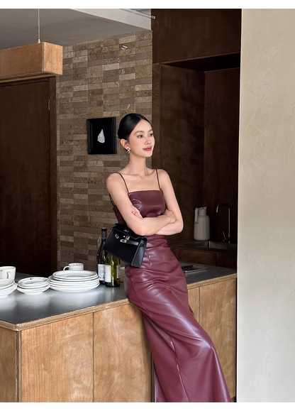 Fashion Spaghetti Straps Burgundy Sheath Long Party Dress Birthday Evening Dress D2124