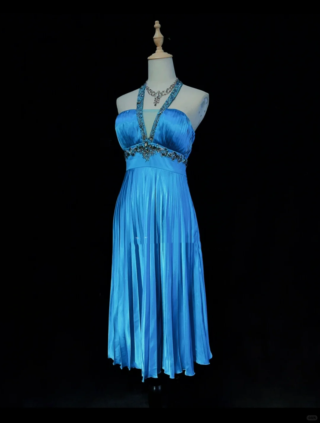 Sexy Halter Blue Satin Beaded A Line Short Homecoming Dress Birthday Dress D3364