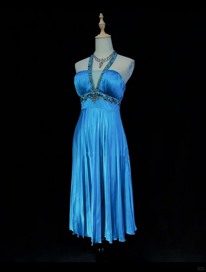 Sexy Halter Blue Satin Beaded A Line Short Homecoming Dress Birthday Dress D3364
