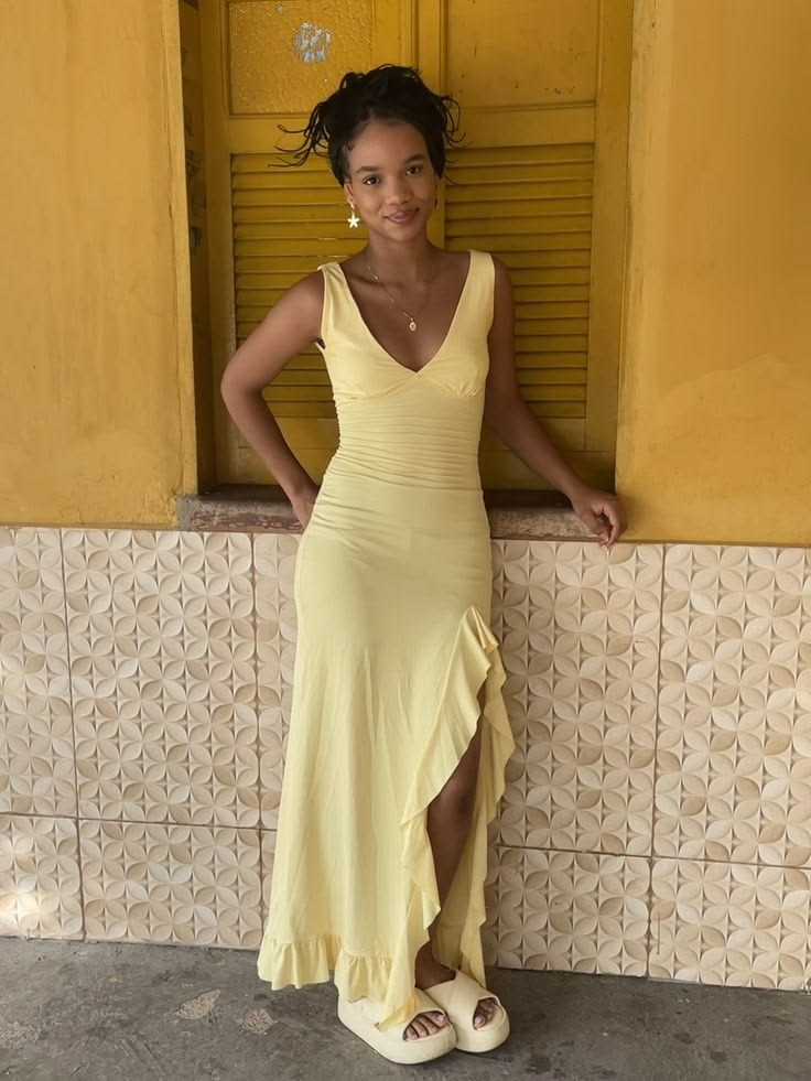Sexy V-Neck Yellow Satin Ruffles Slit Long Party Dress Prom Gown D4956