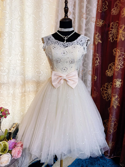 Sweet Lace Tulle Sleeveless A Line Short Homecoming Dress Formal 20th Birthday Outfit With Bow D730
