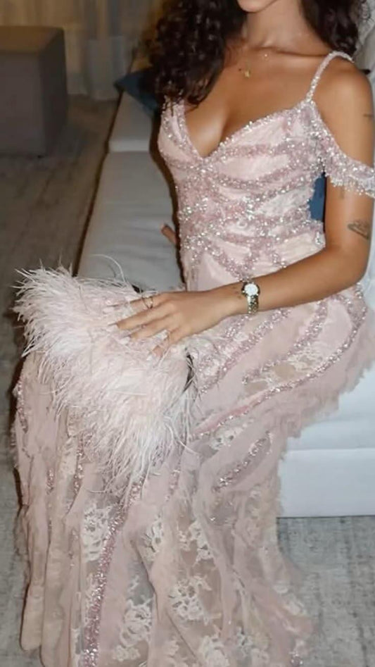 Pretty Pink Off The Shoulder Lace Beaded Mermaid Long Party Dress,Formal Birthday Prom Dress D3599