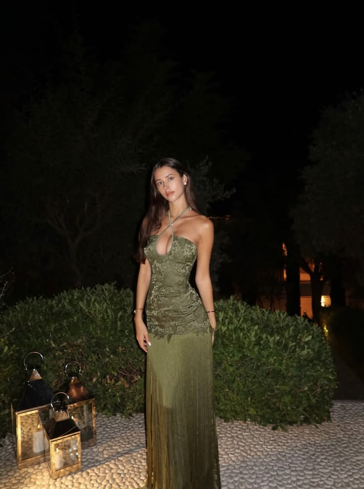Sexy Olive Green Halter Satin Print Floral Long Party Dress Evening Gown D4960