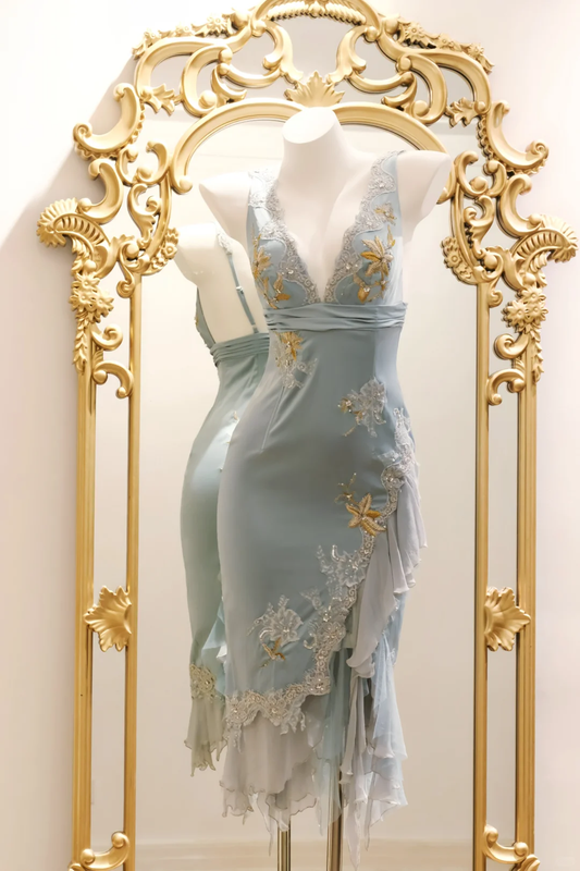 Pretty V Neck Blue Satin Embroidered Lace Sheath Knee Length Party Dress Birthday Dress D2739
