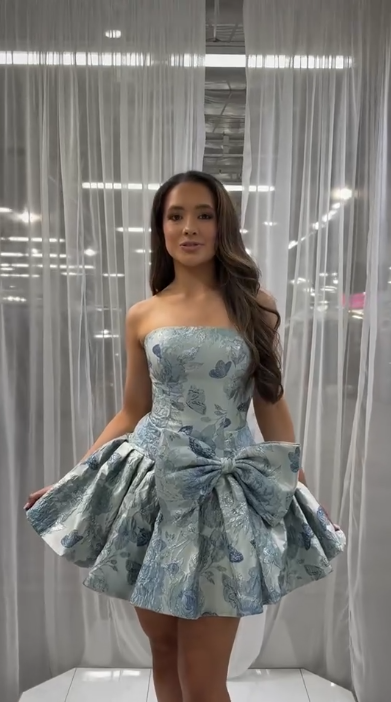 Unique Blue Satin Print Floral Short Homecoming Dress Strapless Mini Birthday Dress D4379