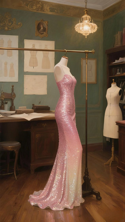 Sparkly Spaghetti Straps Pink Sequin Mermaid Long Party Dress Evening Gown  D1659