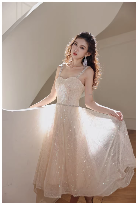 Elegant Light Champagne Tulle Sequin Beaded A Line Mid Length Birthday Prom Dress Evening Gown D2443