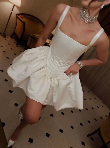 Simple White Satin A Line Short 7th Grade Homecoming Dress,Spaghetti Straps Square Neck Short Birthday Dress D3966