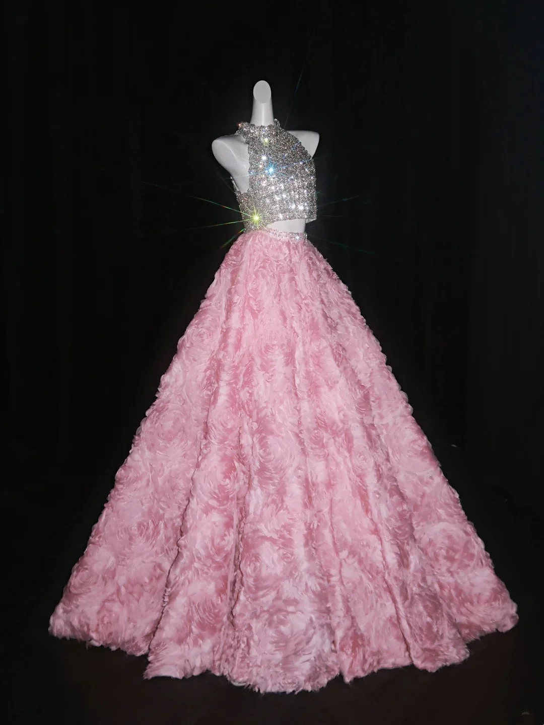 Princess Ball Gown 2 Pieces Silver Sequin Pink Floral Long Evening Dress Formal 20th Birthday Gowns Prom Dresses D4550
