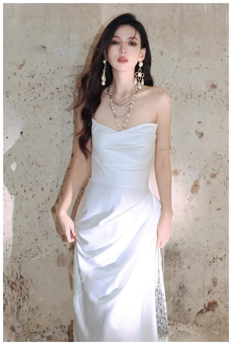 Charming Strapless Satin Pleated Mermaid Long Evening Dress White 19th Birthday Outfits D2410