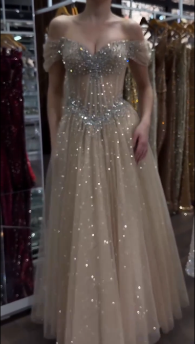 Elegant Champagne Tulle Sequin Beaded A Line Long Party Dress Off The Shoulder Long Birthday Evening Dress D4633