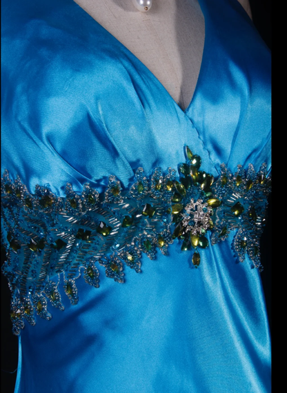 Elegant Halter V Neck Satin Beaded Prom Dress Blue Mermaid Slit Long Party Gowns D2241