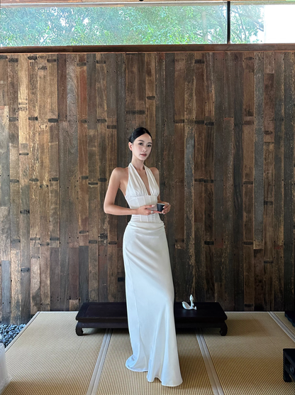 Classy White Halter Satin Mermaid Long Evening Dress Birthday Prom Dress Party Gown D2088