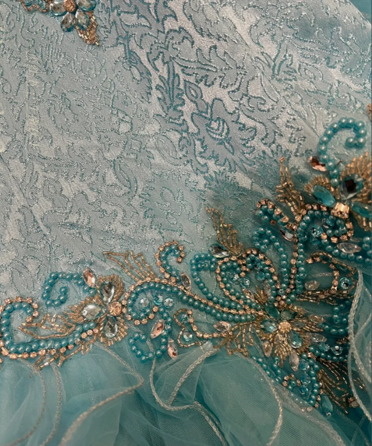 Elegant Blue Tulle Beaded Ruffles Long Ball Gown Formal Birthday Quinceanera Dress With Gloves D21115