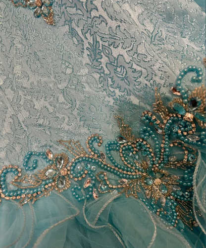 Elegant Blue Tulle Beaded Ruffles Long Ball Gown Formal Birthday Quinceanera Dress With Gloves D21115