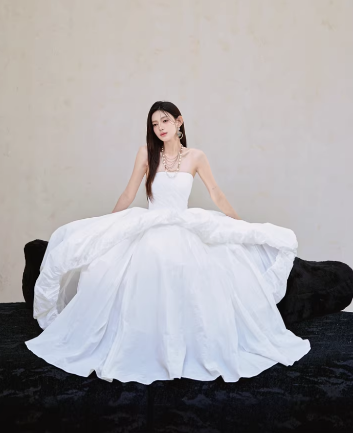 Charming Strapless White Satin Pleated Puff Birthday Party Dress Formal Prom Dresses D2413