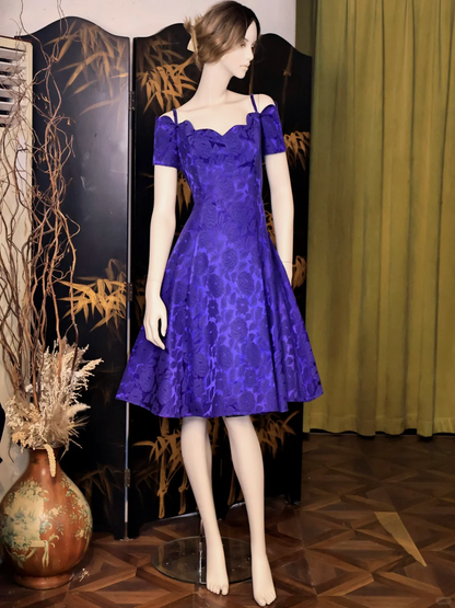 Vintage Purple Rose Floral Print A Line Homecoming Dress Off The Shoulder Mini Prom Dress S733
