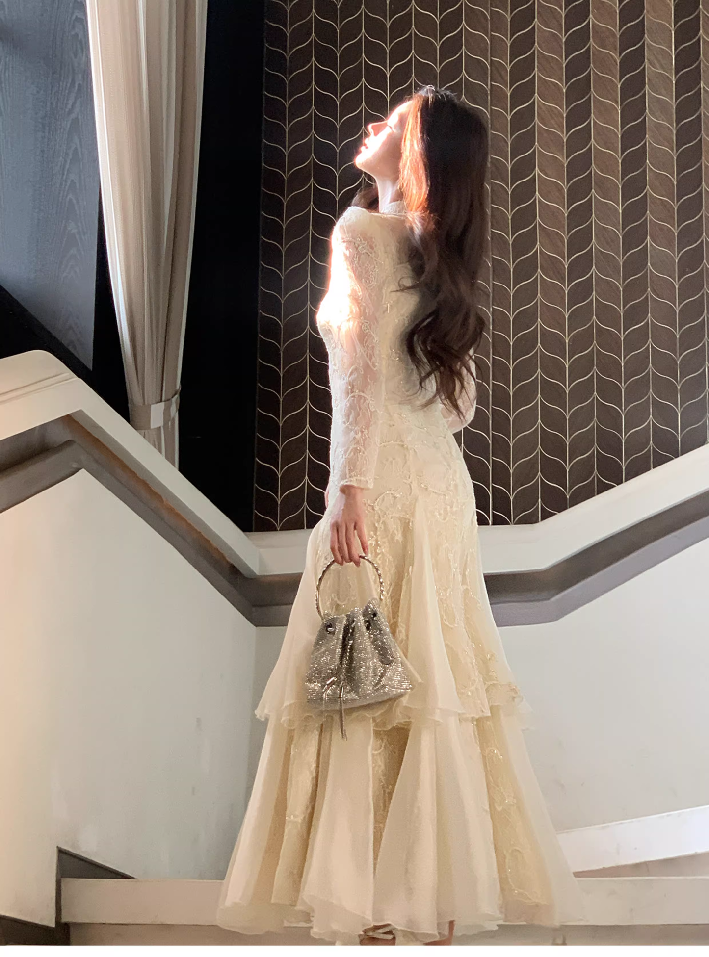 Pretty Beige Tulle Lace Mermaid Long Evening Dress Birthday Prom Dress D2181