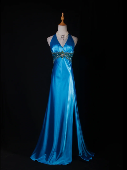 Elegant Halter V Neck Satin Beaded Prom Dress Blue Mermaid Slit Long Party Gowns D2241