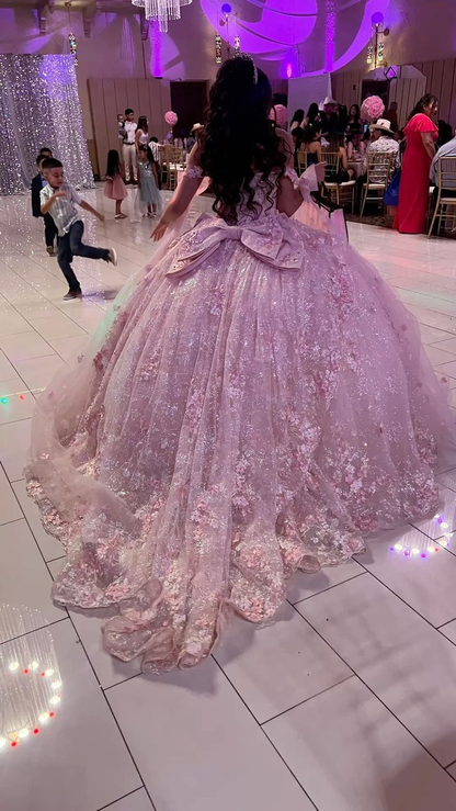Pretty Pink Off The Shoulder Tulle Lace Appliques Quinceanera Dress Sweet 16 Dress With Bow D1047