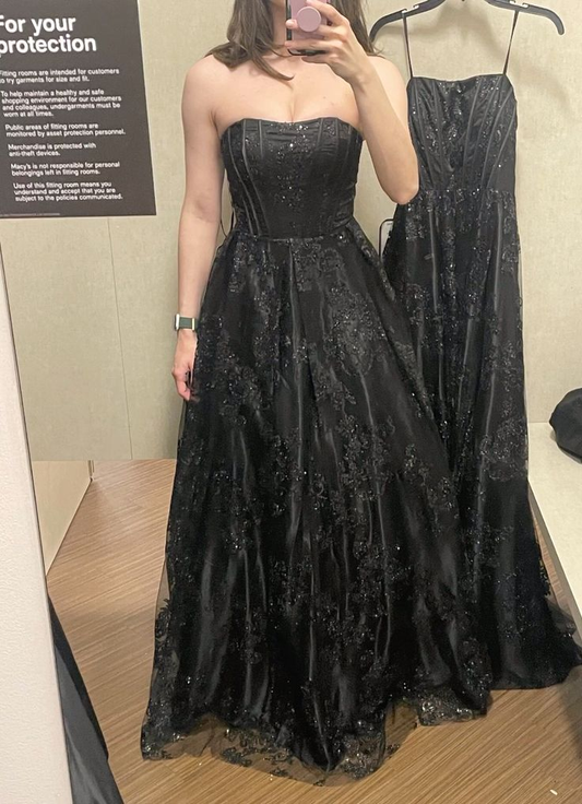 Elegant Black Strapless Satin Tulle Beaded Long Wedding Guest Dress Formal Party Dress D1939