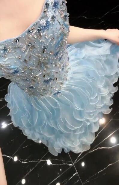 Glamorous Blue Strapless Tulle Ruffles Beaded Long Birthday Prom Dress Evening Dress D4752
