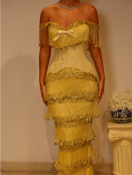 Gorgeous Off The Shoulder Satin Beaded Tassel Long Party Dress Yellow Long Birthday Evening Gowns D5242