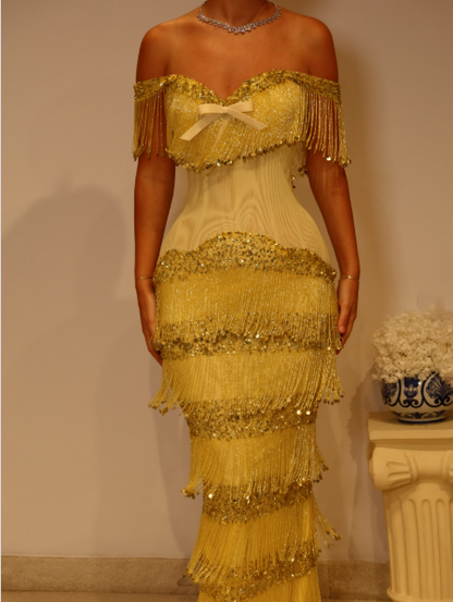 Gorgeous Off The Shoulder Satin Beaded Tassel Long Party Dress Yellow Long Birthday Evening Gowns D5242